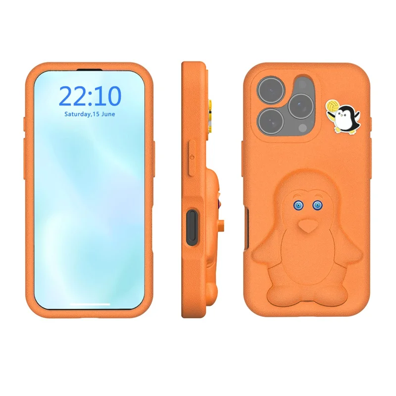 iPhone 16 Pro Hülle mit Pinguin-Design, Ständer, stoßfest, EVA-Handyhülle - Orange