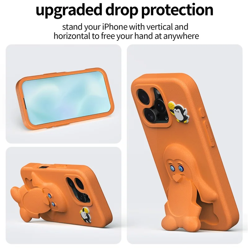 iPhone 16 Pro Hülle mit Pinguin-Design, Ständer, stoßfest, EVA-Handyhülle - Orange