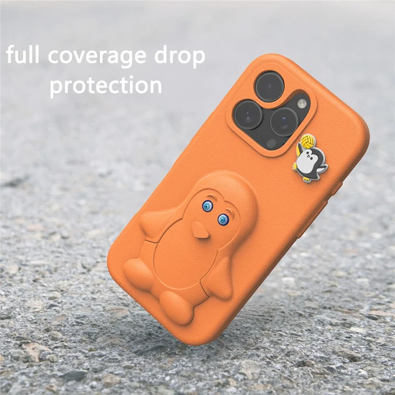 iPhone 16 Pro Hülle mit Pinguin-Design, Ständer, stoßfest, EVA-Handyhülle - Orange