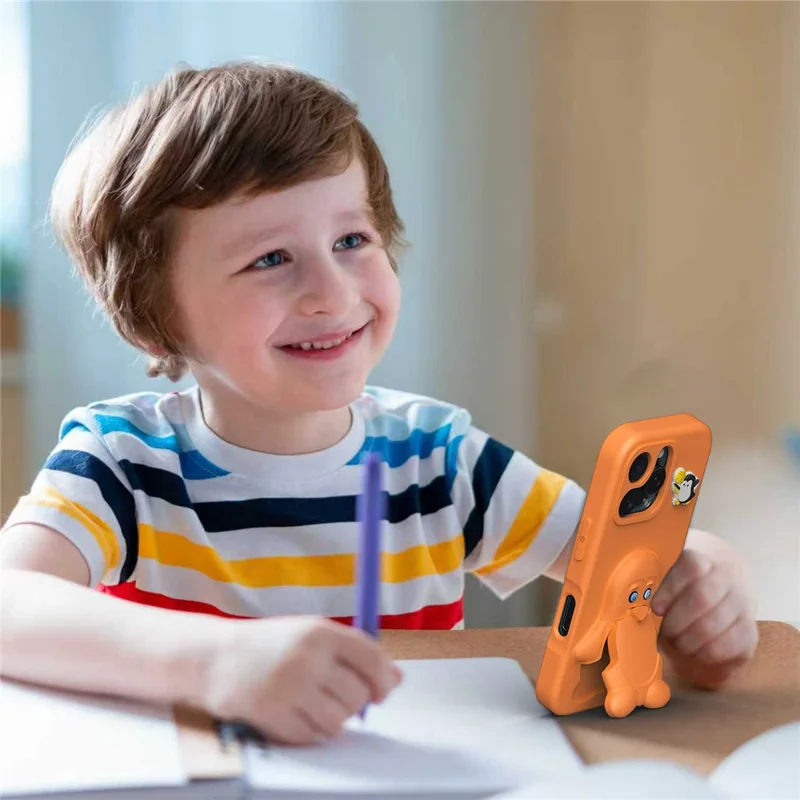 iPhone 16 Pro Hülle mit Pinguin-Design, Ständer, stoßfest, EVA-Handyhülle - Orange