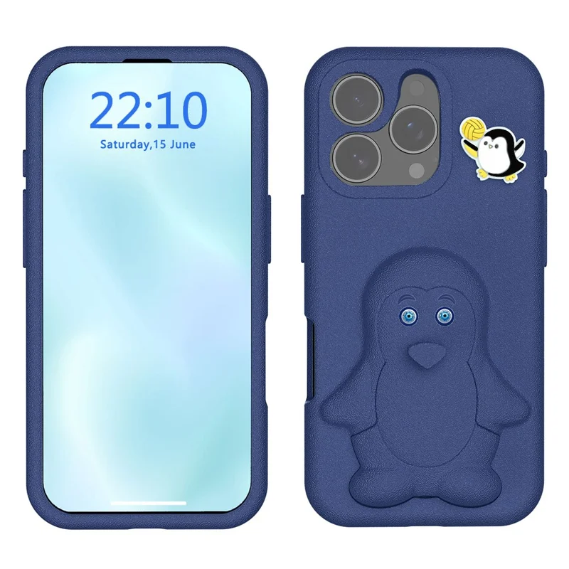 For iPhone 16 Pro Max Hoesje Pinguïn Ontwerp Zwenkstandaard Stootvaste EVA Telefoonhoes - Marineblauw