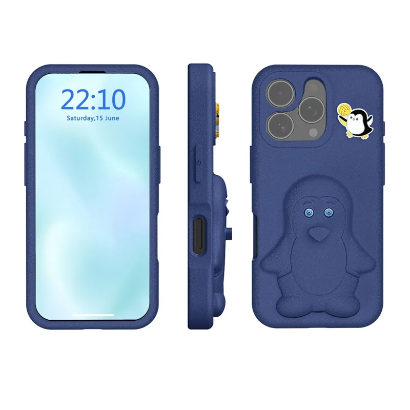 For iPhone 16 Pro Max Hoesje Pinguïn Ontwerp Zwenkstandaard Stootvaste EVA Telefoonhoes - Marineblauw