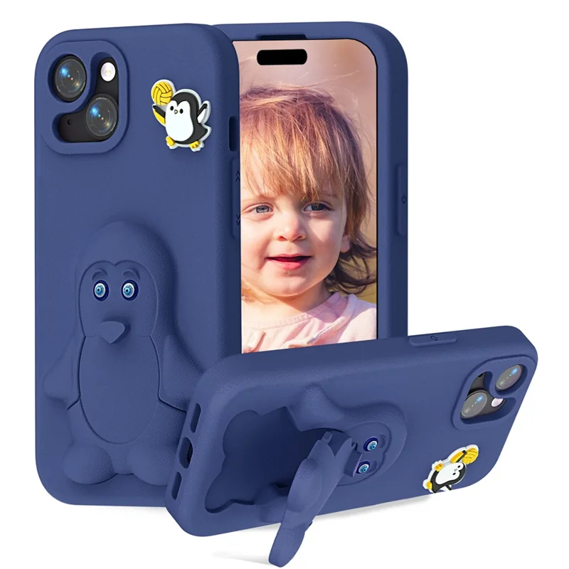 For iPhone 15 Hoesje Pinguïn Ontwerp met Standaard Stootvaste EVA Hoes - Marineblauw