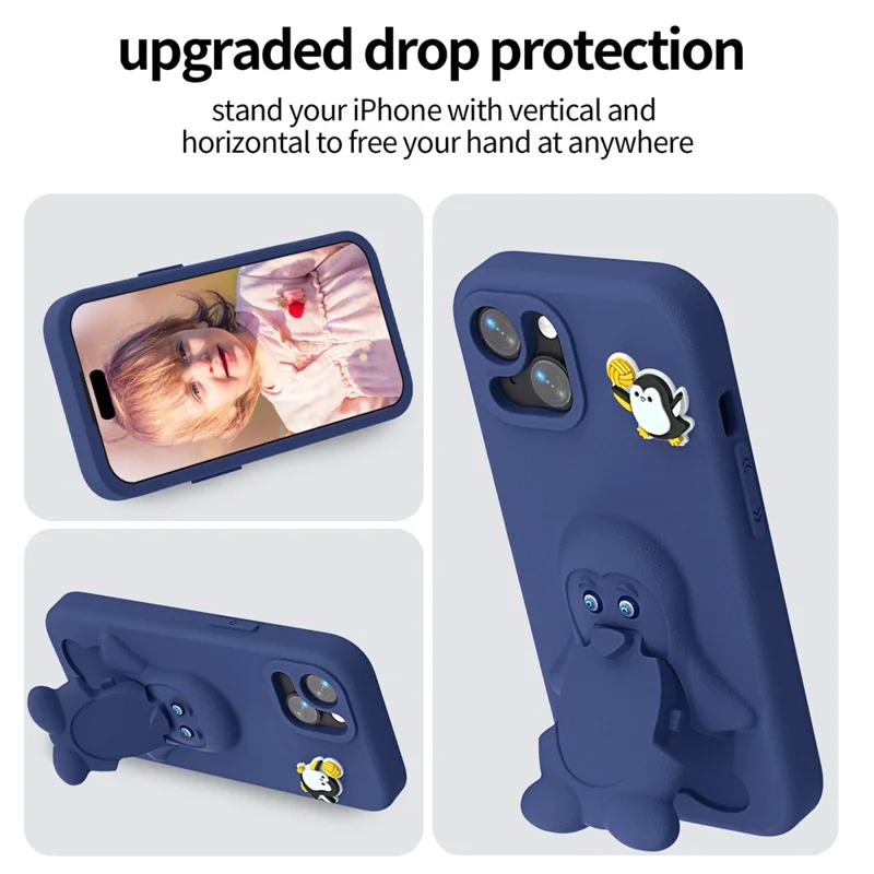 For iPhone 15 Hoesje Pinguïn Ontwerp met Standaard Stootvaste EVA Hoes - Marineblauw