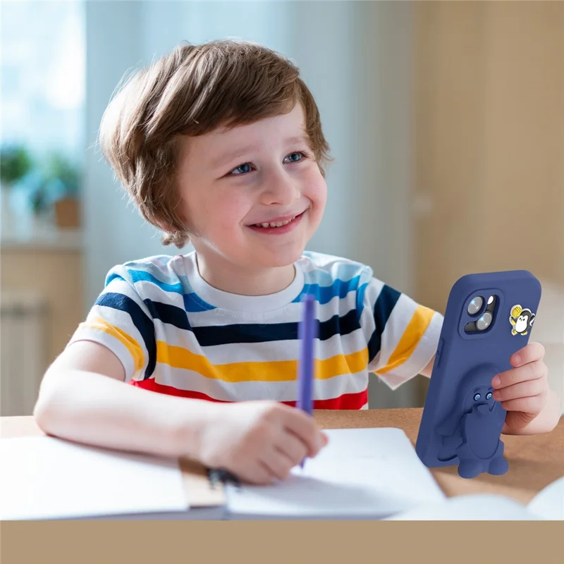 For iPhone 15 Hoesje Pinguïn Ontwerp met Standaard Stootvaste EVA Hoes - Marineblauw