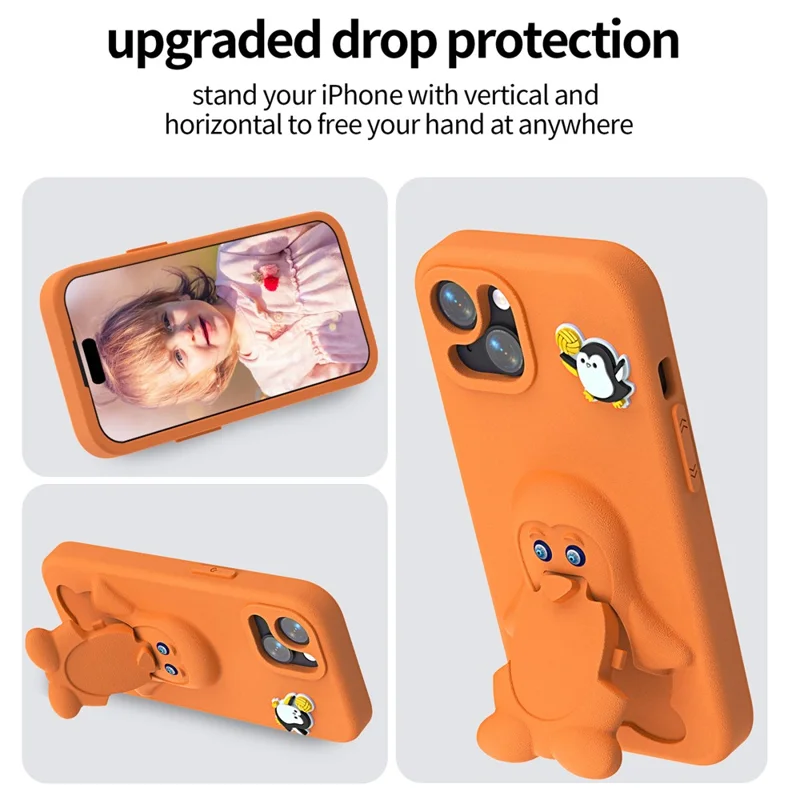 Obudowa do iPhone 14 / 13 z motywem pingwina z podstawką, odporna na wstrząsy, pokrowiec z tworzywa EVA - Pomarańczowy