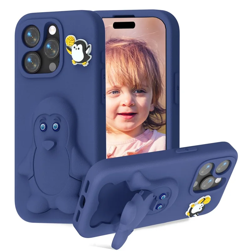 For iPhone 14 Pro Case Penguin Design Kickstand Shockproof EVA Phone Cover - Navy Blue