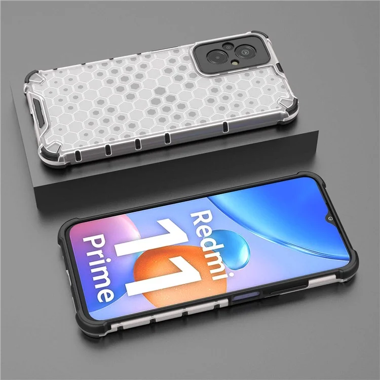 For Xiaomi Redmi 11 Prime 4G Honeycomb Texture Anti-drop Phone Case Soft TPU + Hard PC Hybrid Cover - Grey