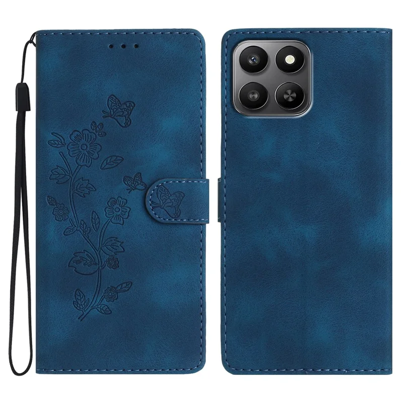 Cover in Pelle per Honor 400 Smart 5G / 4G / X7d 4G con Fiore Stampato, con Cinturino da Polso - Blu