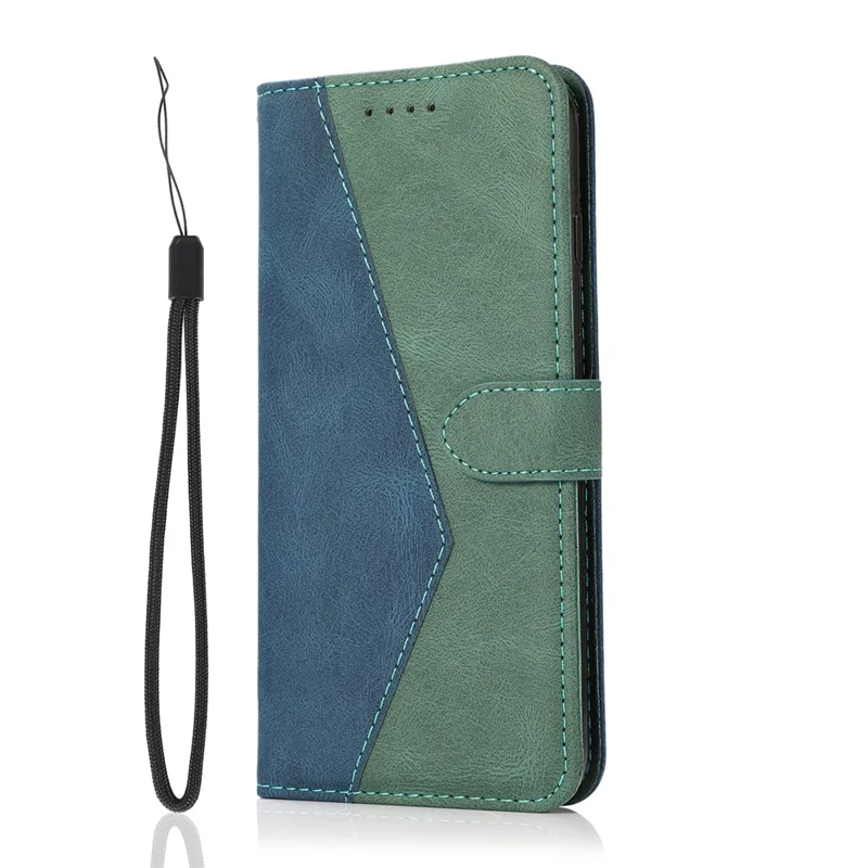 For Honor 400 Smart 5G  /  X7d 4G Case Color Splicing Wallet Stand Leather Phone Cover with Wrist Strap - Blue  /  Green