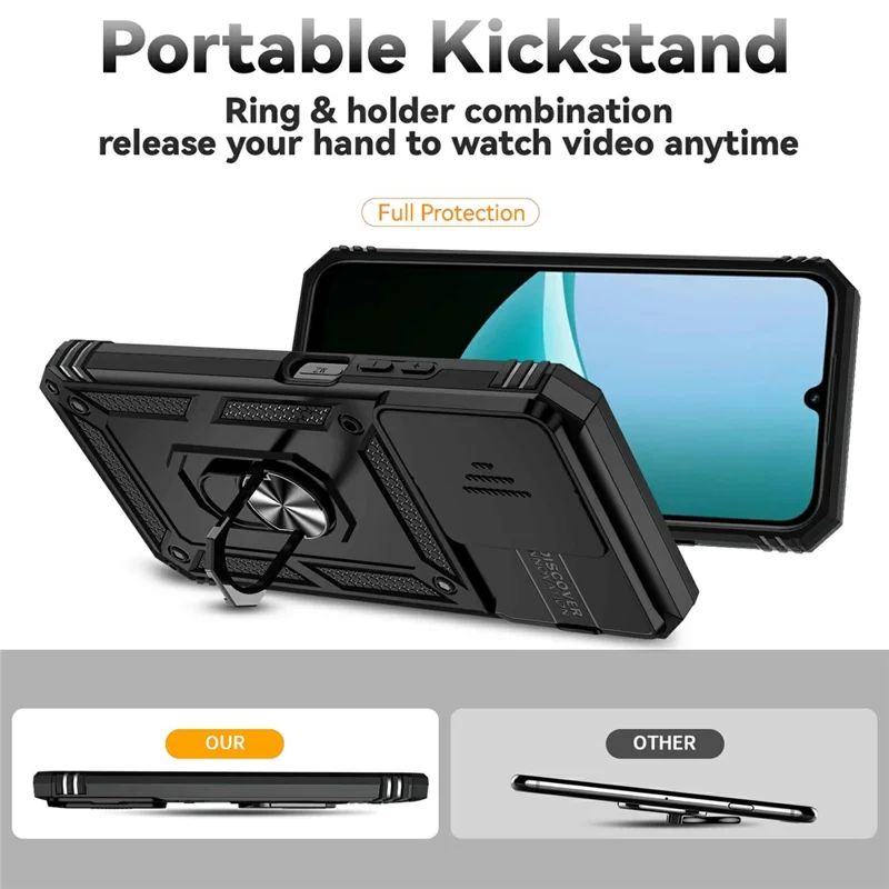 Custodia per telefono per Xiaomi Redmi 15C 5G (UE) (173 mm) / 4G (UE) (173 mm) / Poco C85 4G (173 mm) Copertura PC + TPU con protezione dell'obiettivo e supporto - Nero