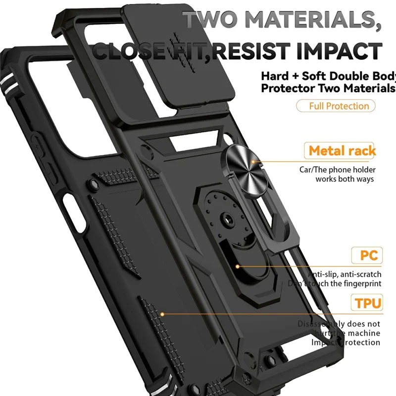Custodia per telefono per Xiaomi Redmi 15C 5G (UE) (173 mm) / 4G (UE) (173 mm) / Poco C85 4G (173 mm) Copertura PC + TPU con protezione dell'obiettivo e supporto - Nero