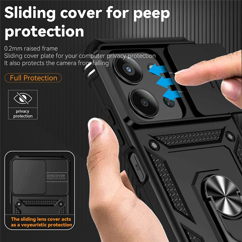 Custodia per telefono per Xiaomi Redmi 15C 5G (UE) (173 mm) / 4G (UE) (173 mm) / Poco C85 4G (173 mm) Copertura PC + TPU con protezione dell'obiettivo e supporto - Nero