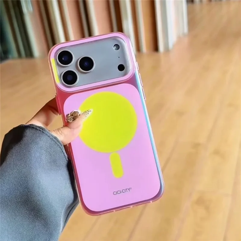 CICI-CITY Capa para iPhone 17 Pro Max Compatível com MagSafe Capa Dupla Cor PC + TPU IMD - Rosa / Amarelo