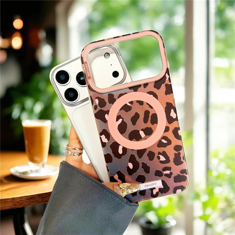 Funda CICI-CITY para iPhone 17 Pro compatible con MagSafe, funda para teléfono con diseño impreso IMD de PC + TPU - Marrón / Leopardo