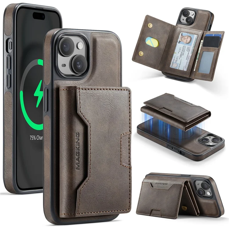 MAGKING K4 Series For iPhone 14 Case Compatible with MagSafe Detachable Wallet PU TPU PC Phone Cover - Coffee