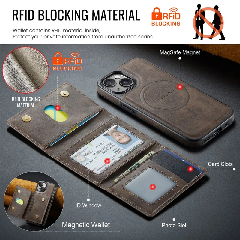 MAGKING K4 Series For iPhone 14 Case Compatible with MagSafe Detachable Wallet PU TPU PC Phone Cover - Coffee