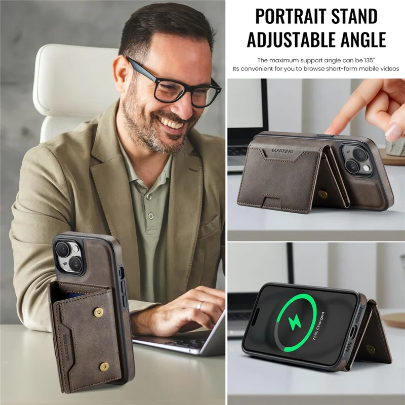 MAGKING K4 Series For iPhone 14 Case Compatible with MagSafe Detachable Wallet PU TPU PC Phone Cover - Coffee