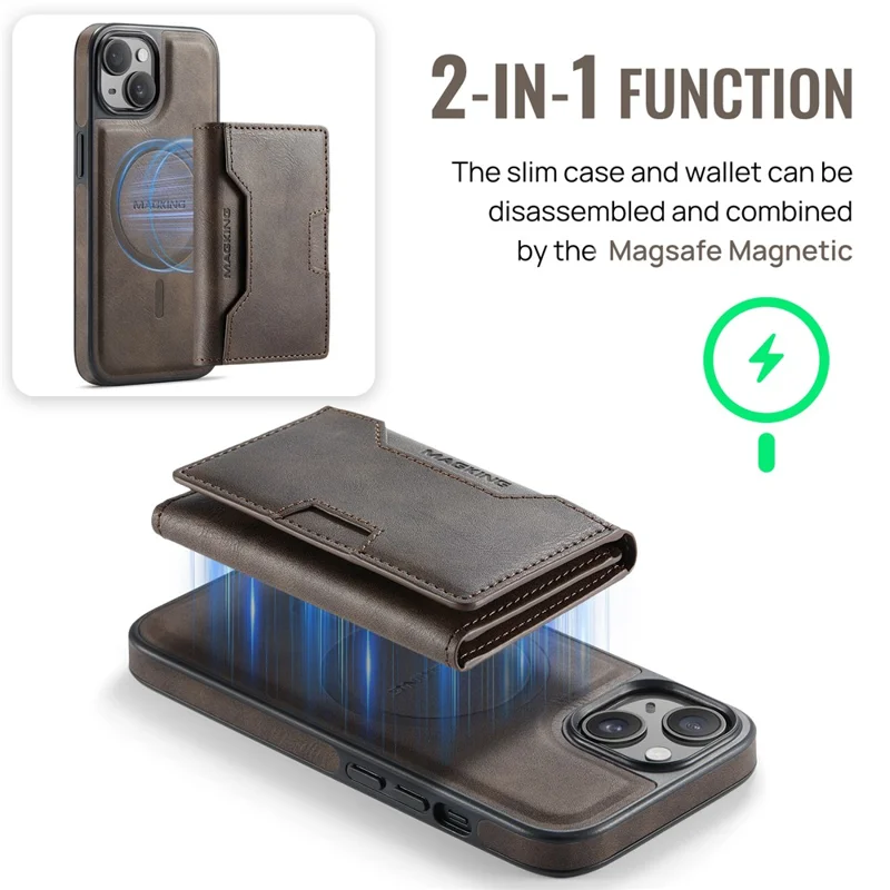 MAGKING K4 Series For iPhone 14 Case Compatible with MagSafe Detachable Wallet PU TPU PC Phone Cover - Coffee