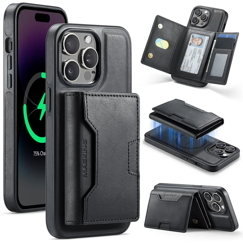 MAGKING K4 Series Pour iPhone 14 Pro Coque Compatible avec MagSafe Portefeuille Détachable en PU TPU PC - Noir
