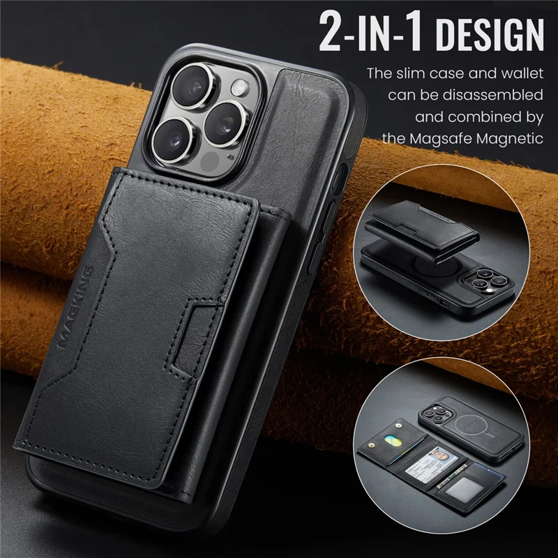 MAGKING K4 Series Pour iPhone 14 Pro Coque Compatible avec MagSafe Portefeuille Détachable en PU TPU PC - Noir