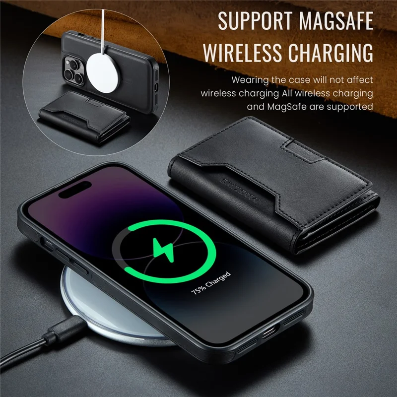 MAGKING K4 Series Pour iPhone 14 Pro Coque Compatible avec MagSafe Portefeuille Détachable en PU TPU PC - Noir