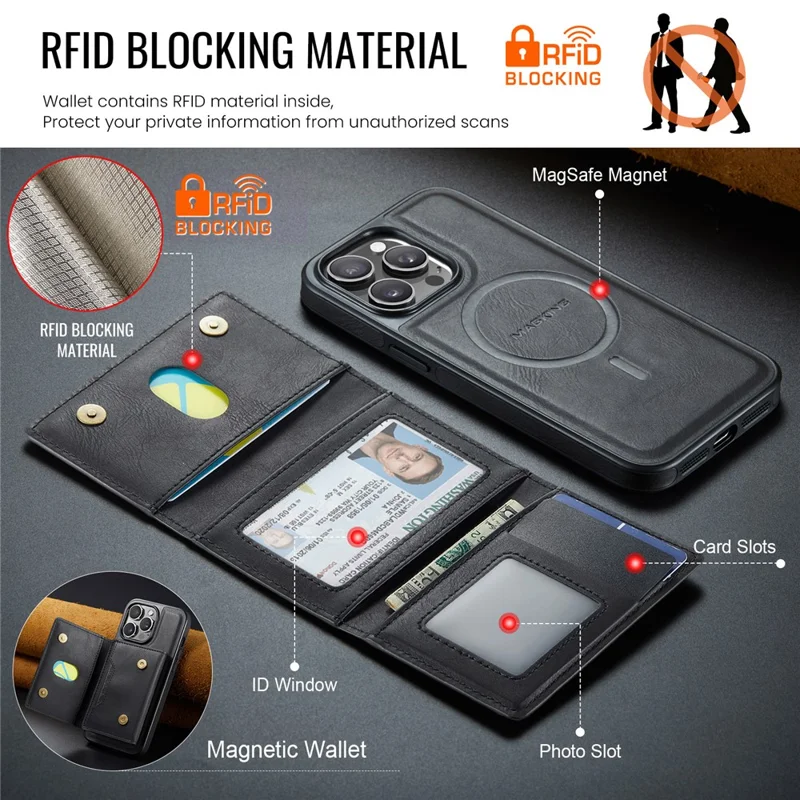 MAGKING K4 Series Pour iPhone 14 Pro Coque Compatible avec MagSafe Portefeuille Détachable en PU TPU PC - Noir