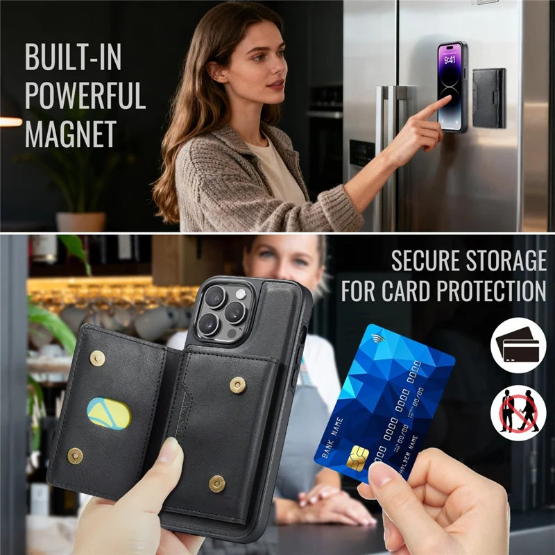 MAGKING K4 Series Pour iPhone 14 Pro Coque Compatible avec MagSafe Portefeuille Détachable en PU TPU PC - Noir