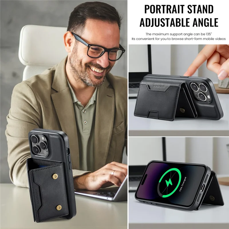 MAGKING K4 Series Pour iPhone 14 Pro Coque Compatible avec MagSafe Portefeuille Détachable en PU TPU PC - Noir