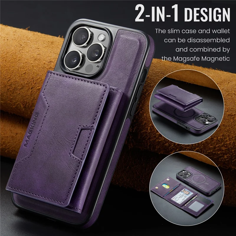 MAGKING K4 Series Obudowa na iPhone 14 Pro Max Kompatybilna z MagSafe, Odłączany Portfelik, Pokrowiec z PU, TPU i PC - Fioletowy