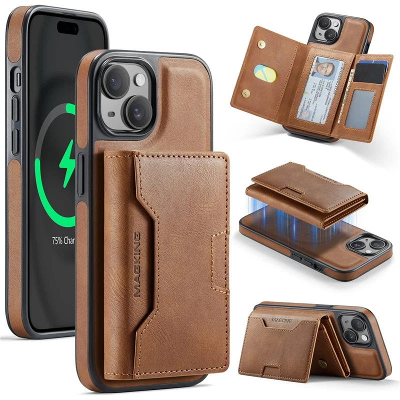 MAGKING K4-serie til iPhone 15 Skærm med kompatibilitet til MagSafe, aftagelig tegnebog, PU TPU PC telefonbeskytning - Brun