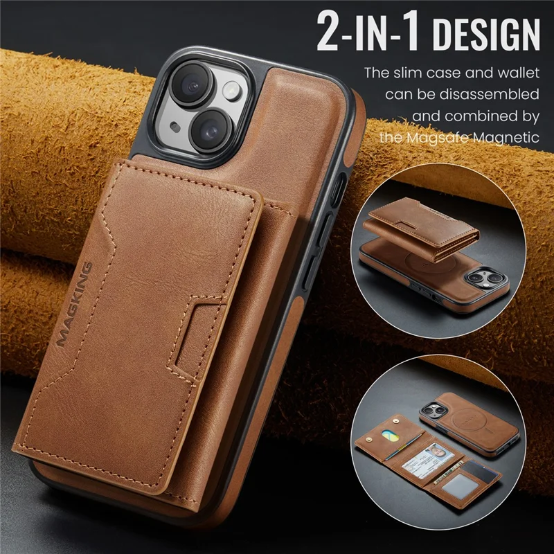 MAGKING K4-serie til iPhone 15 Skærm med kompatibilitet til MagSafe, aftagelig tegnebog, PU TPU PC telefonbeskytning - Brun