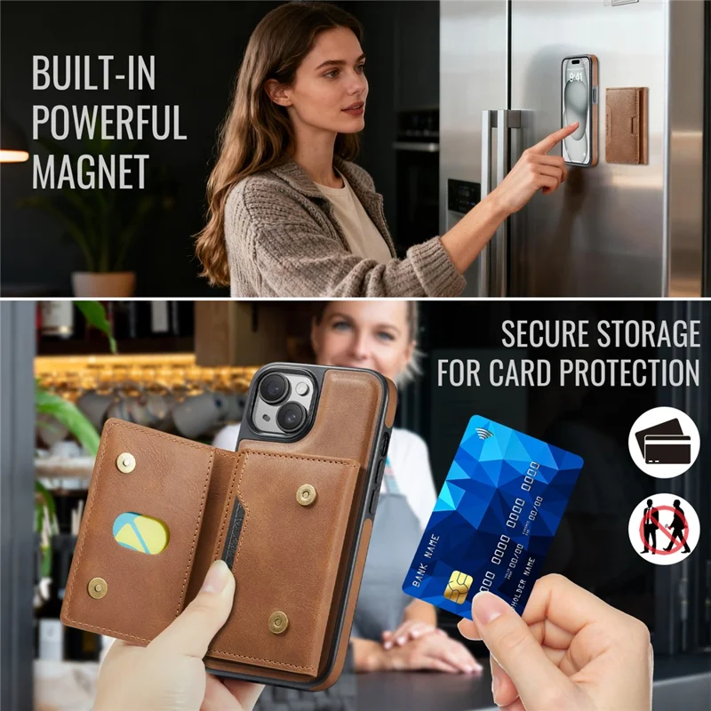 MAGKING K4-serie til iPhone 15 Skærm med kompatibilitet til MagSafe, aftagelig tegnebog, PU TPU PC telefonbeskytning - Brun