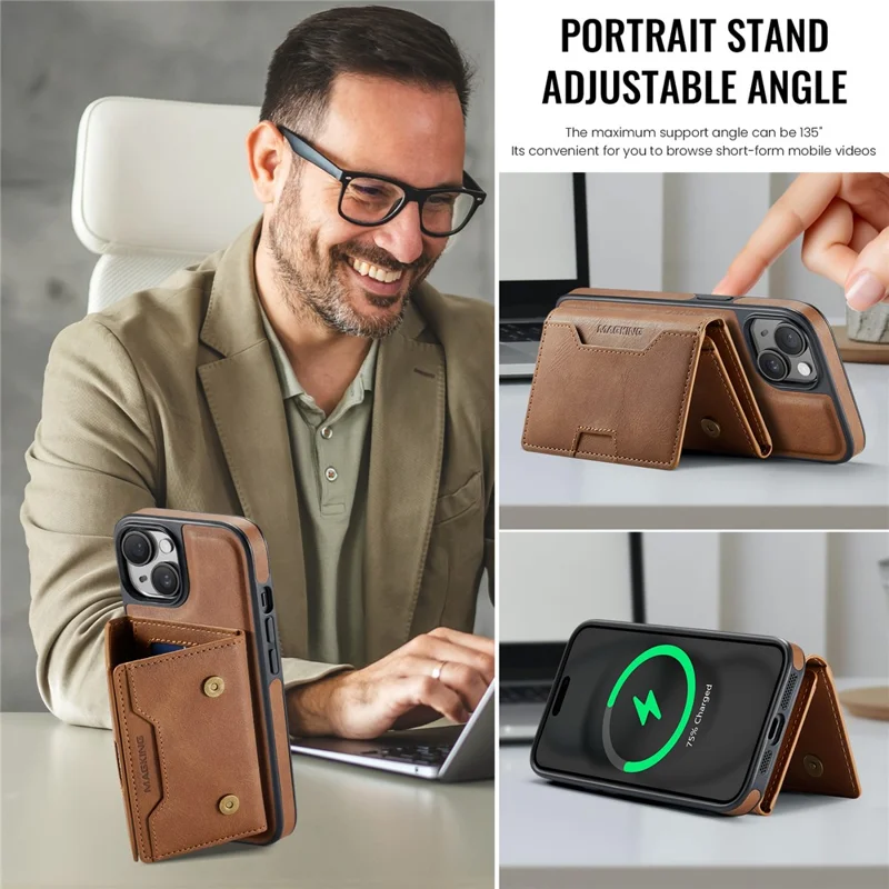 MAGKING K4-serie til iPhone 15 Skærm med kompatibilitet til MagSafe, aftagelig tegnebog, PU TPU PC telefonbeskytning - Brun