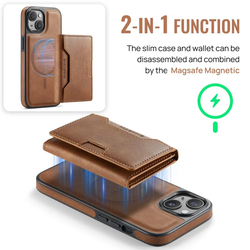 MAGKING K4-serie til iPhone 15 Skærm med kompatibilitet til MagSafe, aftagelig tegnebog, PU TPU PC telefonbeskytning - Brun