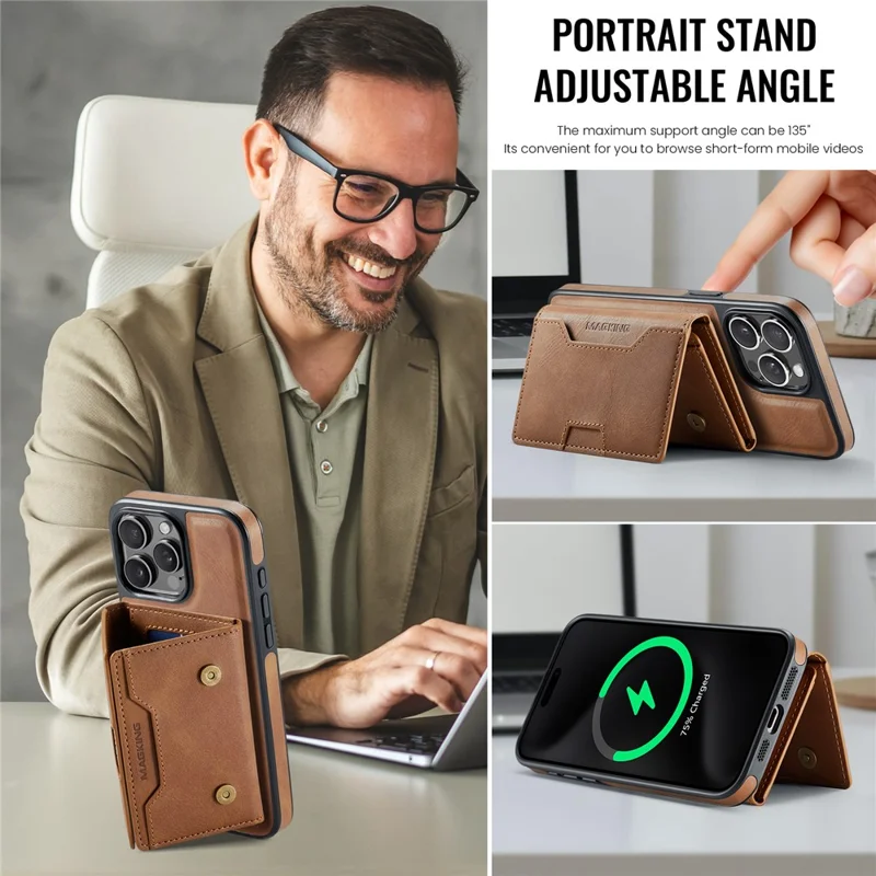 MAGKING سلسلة K4 لهاتف iPhone 15 Pro غطاء متوافق مع MagSafe محفظة قابلة للفصل غطاء هاتف من مادة PU وTPU وPC - بني