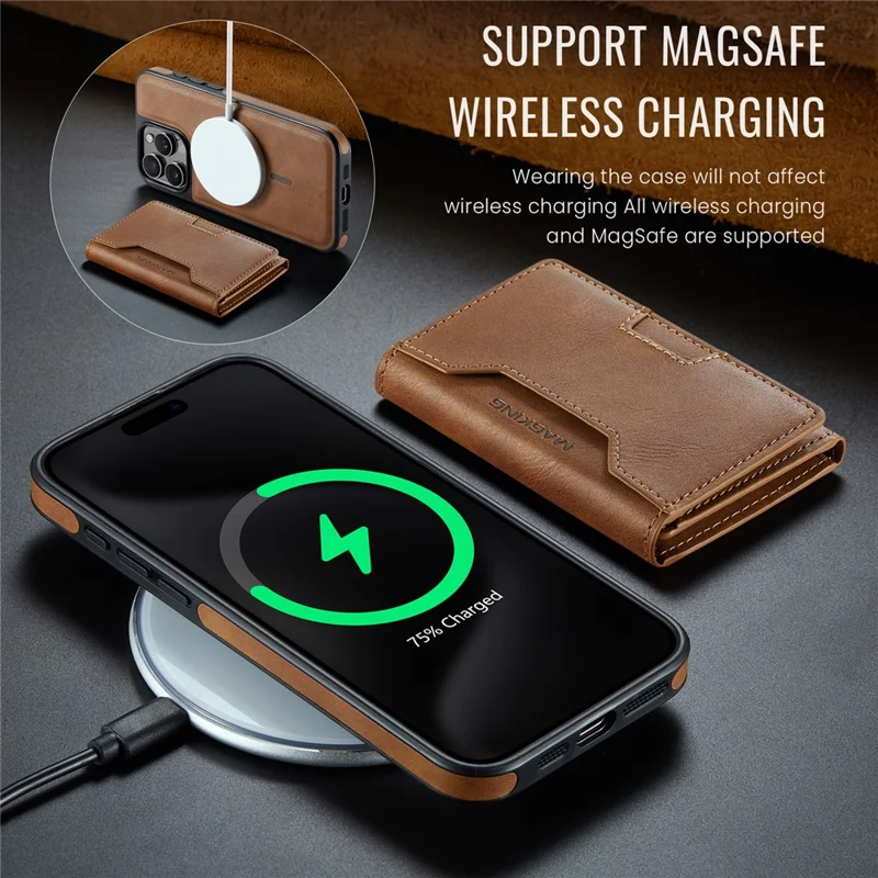MAGKING سلسلة K4 لهاتف iPhone 15 Pro غطاء متوافق مع MagSafe محفظة قابلة للفصل غطاء هاتف من مادة PU وTPU وPC - بني