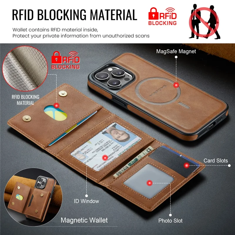 MAGKING سلسلة K4 لهاتف iPhone 15 Pro غطاء متوافق مع MagSafe محفظة قابلة للفصل غطاء هاتف من مادة PU وTPU وPC - بني
