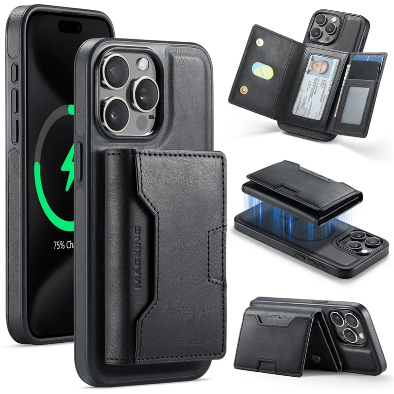 MAGKING K4-serie för iPhone 15 Pro Max-hölse kompatibel med MagSafe, avtagbar plånbok i PU, TPU och PC mobilhölse - Svart