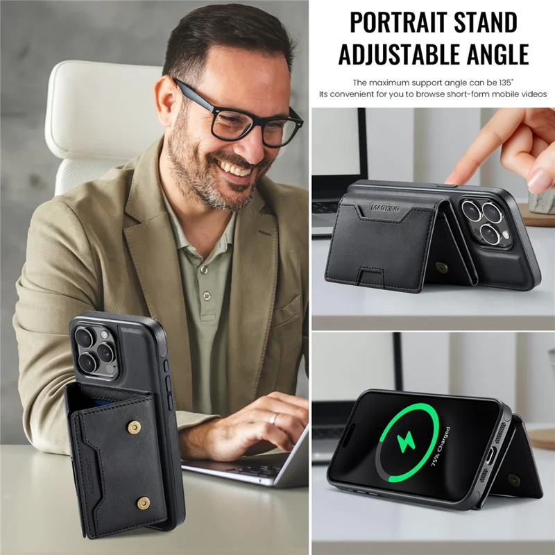 MAGKING K4-serie för iPhone 15 Pro Max-hölse kompatibel med MagSafe, avtagbar plånbok i PU, TPU och PC mobilhölse - Svart