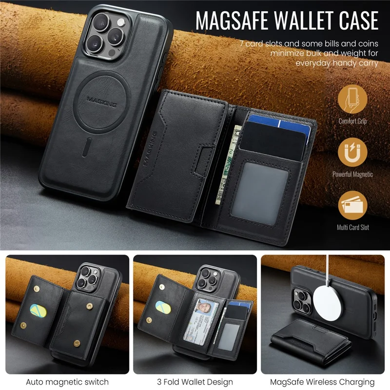 MAGKING K4-serie för iPhone 15 Pro Max-hölse kompatibel med MagSafe, avtagbar plånbok i PU, TPU och PC mobilhölse - Svart