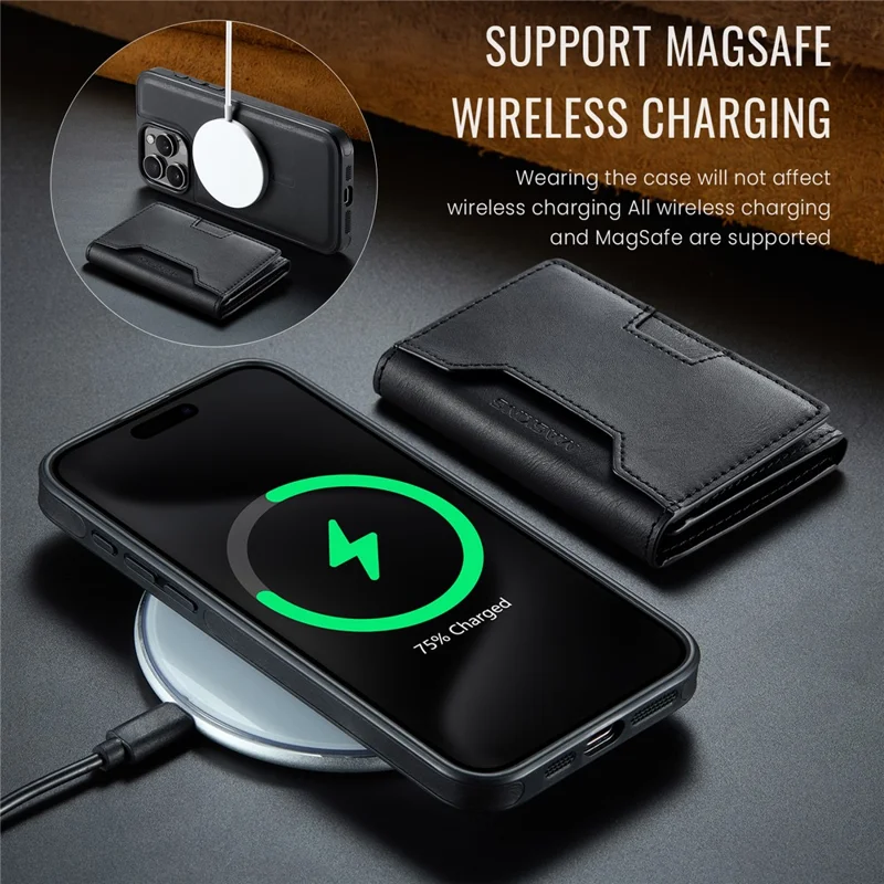 MAGKING K4-serie för iPhone 15 Pro Max-hölse kompatibel med MagSafe, avtagbar plånbok i PU, TPU och PC mobilhölse - Svart