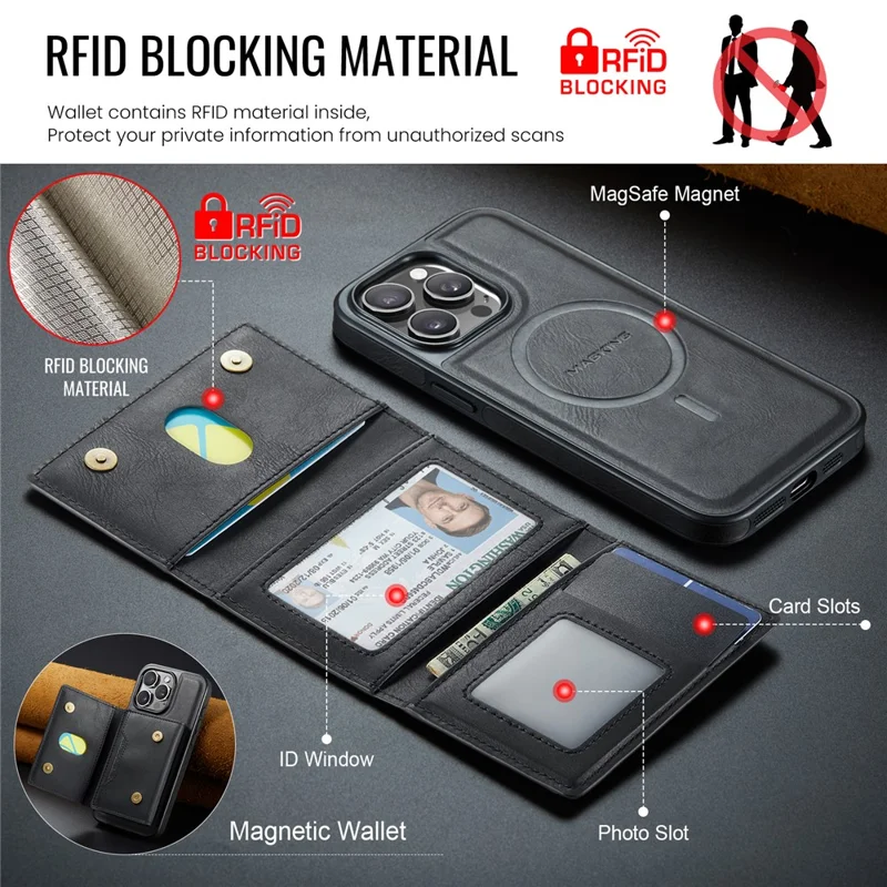 MAGKING K4-serie för iPhone 15 Pro Max-hölse kompatibel med MagSafe, avtagbar plånbok i PU, TPU och PC mobilhölse - Svart