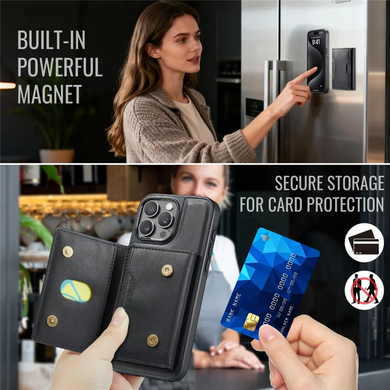 MAGKING K4-serie för iPhone 15 Pro Max-hölse kompatibel med MagSafe, avtagbar plånbok i PU, TPU och PC mobilhölse - Svart