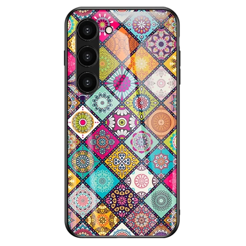 Kickstand Phone Case For Samsung Galaxy S23 Flower Pattern Tempered Glass + Hard PC + Soft TPU Protective Hybrid Cover with Lanyard - Checkered Pattern