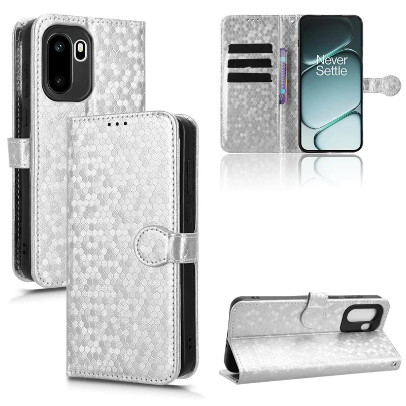 Wallet Case For OnePlus 15R 5G  /  Ace 6 5G Dot Pattern Imprint PU Leather Phone Cover with Wrist Strap - Silver