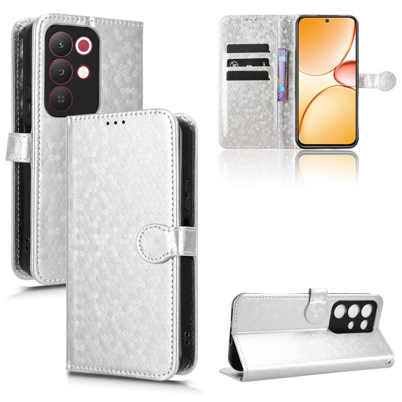 Wallet Case For Realme C85 5G  /  15x (India) 5G Dot Pattern Imprint PU Leather Phone Cover with Wrist Strap - Silver