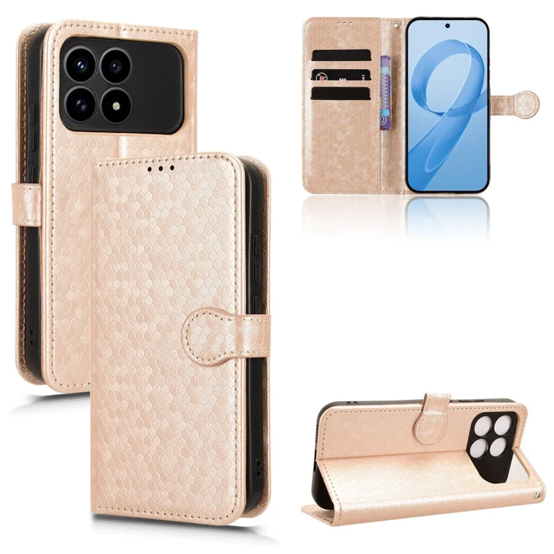 For Xiaomi Redmi K90 5G Wallet Case Dot Pattern Imprint PU Leather Phone Cover with Wrist Strap - Rose Gold