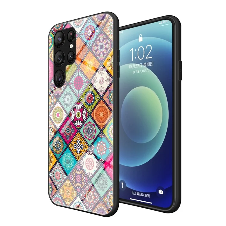 Samsung Galaxy S23 Ultra Telefonhülle mit Ständer und Lanyard, Blumenmuster, Gehärtetes Glas + PC + TPU Schutzhülle - Farbmuster