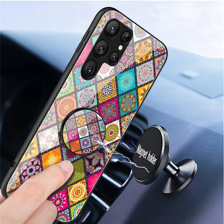 Samsung Galaxy S23 Ultra Telefonhülle mit Ständer und Lanyard, Blumenmuster, Gehärtetes Glas + PC + TPU Schutzhülle - Farbmuster